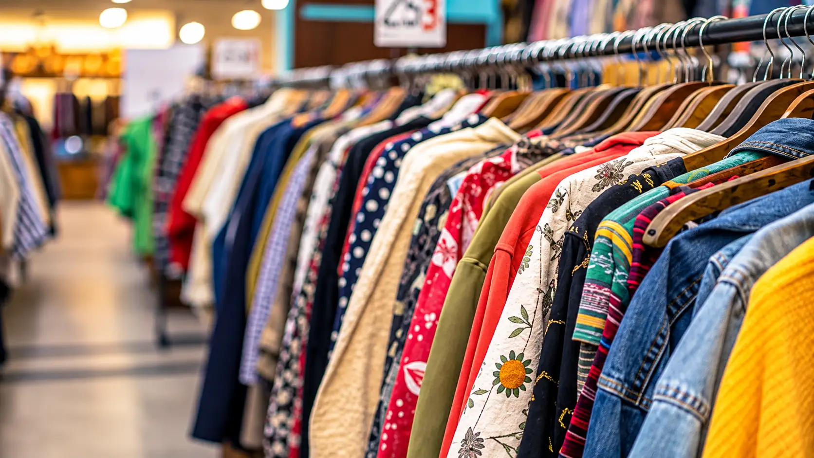 A long rail of clothes in a variety of colours and patterns